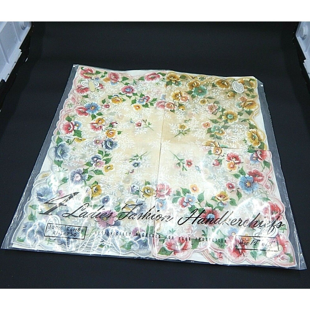 Fashion Handkerchiefs Hand-Painted Cotton Floral Scalloped Edge Set of 4